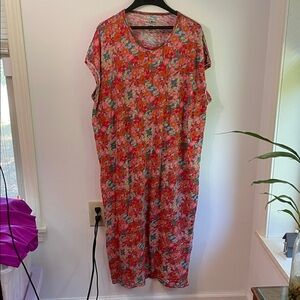 Natural Life Pink and Orange Floral Frankie Knit Cotton Tee Midi Dress XL